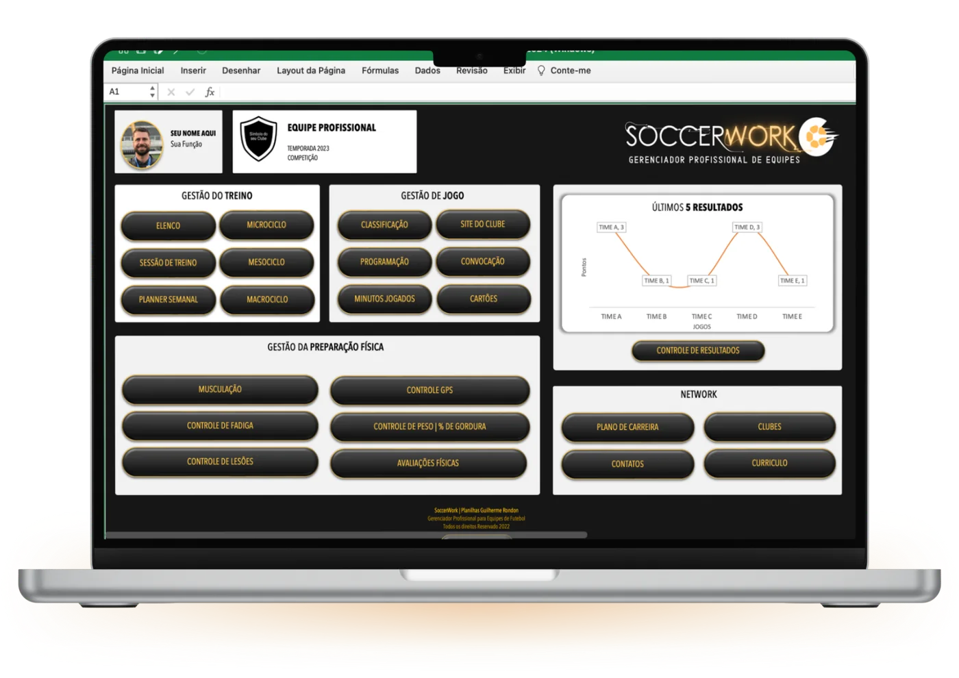 Painel do SoccerWork aberto no Excel, num notebook